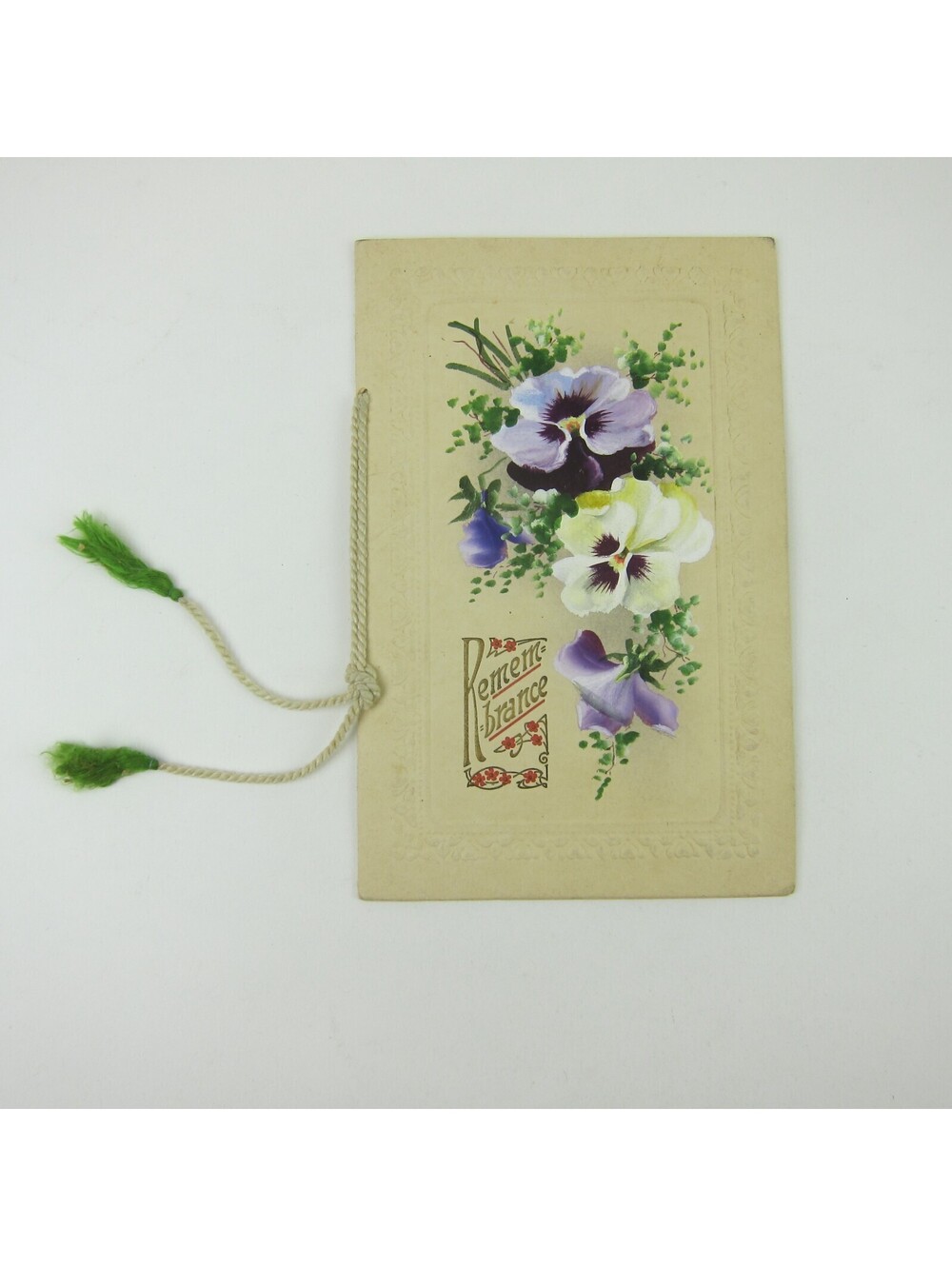 Victorian Christmas Card Remembrance Pansy Flowers Purple Embossed Booklet Style